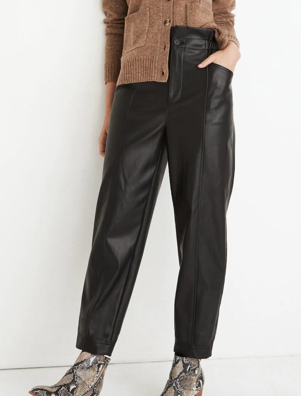 Madewell Vegan Leather Paperbag Pants Black High Waisted Utility Pockets Size 10